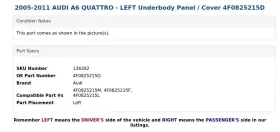 4F0825215D AUDI Left Underbody Panel Cover A6 Quattro #3