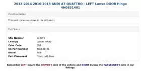 4H0831401 AUDI Left Lower Door Hinge A7 Quattro #3