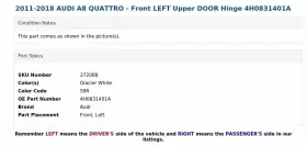 4H0831401A AUDI Front Left Upper Door Hinge A8 Quattro #3