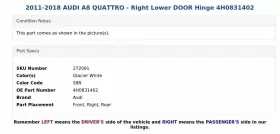 4H0831402 AUDI Right Lower Door Hinge A8 Quattro #3
