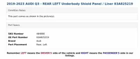 83A825219 AUDI Rear Left Underbody Shield Panel Liner Q3 #3
