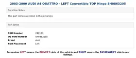 8H0863205 AUDI Left Convertible Top Hinge A4 Quattro #3