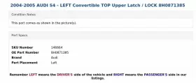 8H0871385 AUDI Left Convertible Top Upper Latch Lock S4 #3