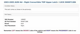 8H0871386 AUDI Right Convertible Top Upper Latch Lock A4 #3