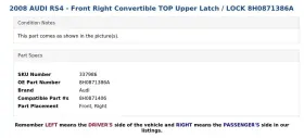 8H0871386A AUDI Front Right Convertible Top Upper Latch Lock #3