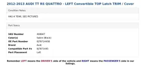8J7871445B AUDI Left Convertible Top Latch Cover Quattro #3