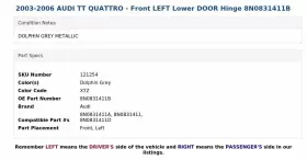 8N0831411B AUDI Front Left Lower Door Hinge Quattro #3