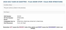 8T0837249A AUDI Front Door Check Rod A5 Quattro #3