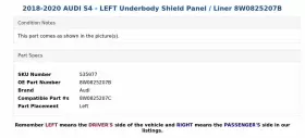 8W0825207B AUDI Left Underbody Shield Panel Liner S4 #3 8W0825207B AUDI Left Underbody Shield Panel Liner S4 #3