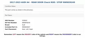 8W0839249 AUDI Rear Door Check Rod A4 #3