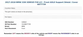 31106877739 BMW Xdrive Lci Front Axle Shield Cover 330I F30 #3