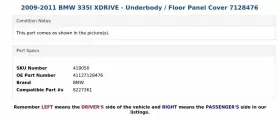 41127128476 BMW Xdrive Underbody Floor Panel Cover 335I #3 41127128476 BMW Xdrive Underbody Floor Panel Cover 335I #3