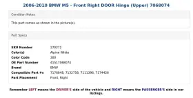 41517068074 BMW Front Right Door Hinge Upper M5 #3