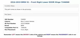 41517246068 BMW Front Right Lower Door Hinge X1 #3