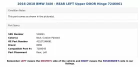 41527246061 BMW Rear Left Upper Door Hinge #3
