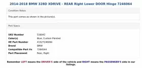 41527246064 BMW Xdrive Rear Right Lower Door Hinge 328D #3