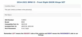 4820136 BMW Front Right Door Hinge Set I3 #2
