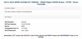 51227191286 BMW Alpina Xdrive Rear Right Door Brake Strut B7 #3