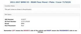51717176320 BMW Rear Floor Panel Plate Cover X3 #3