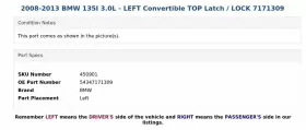 54347171309 BMW Left Convertible Top Latch Lock 135I #3