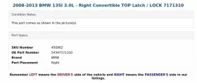 54347171310 BMW Right Convertible Top Latch Lock 135I #3