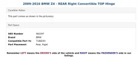 7188244 BMW Rear Right Convertible Top Hinge Z4 #3