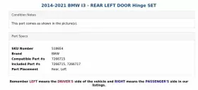 7266715 BMW Rear Left Door Hinge Set I3 #2
