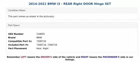 7266716 BMW Rear Right Door Hinge Set I3 #2