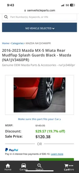 NA1JV3460PR MAZDA Rear Mud Flaps Miata NA1JV3460PR MAZDA Rear Mud Flaps Miata