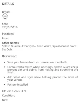 T99J2-5SA1A NISSAN Splash Guards Front Qab Pearl T99J2-5SA1A NISSAN Splash Guards Front Qab Pearl