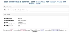 98656122301 PORSCHE Left Convertible Top Frame Bar Boxster #3