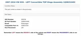 1Q0825349C VOLKSWAGEN Eos Left Convertible Top Hinge Vw #3