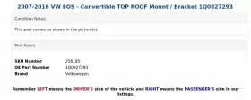 1Q0827293 VOLKSWAGEN Eos Convertible Top Roof Mount Bracket #3