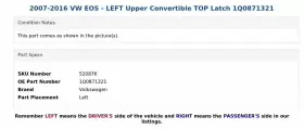 1Q0871321 VOLKSWAGEN Eos Left Upper Convertible Top Latch Vw #3