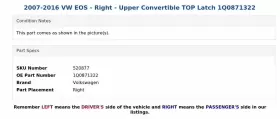 1Q0871322 VOLKSWAGEN Eos Right Upper Convertible Top Latch Vw #3