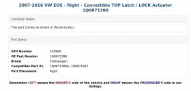 1Q0871386 VOLKSWAGEN Eos Right Convertible Top Latch Lock Vw #3