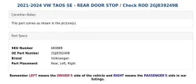 2GJ839249B VOLKSWAGEN Taos Rear Door Check Rod Se Vw #3