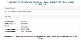 357837323 VOLKSWAGEN Front Door Check Rod Vw Eurovan #3