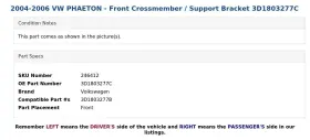 3D1803277C VOLKSWAGEN Phaeton Front Crossmember Bracket Vw #3