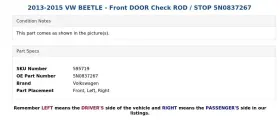 5N0837267 VOLKSWAGEN Front Door Check Rod Vw Beetle #3