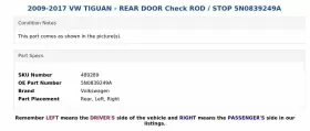 5N0839249A VOLKSWAGEN Rear Door Check Rod Vw Tiguan #3