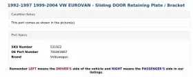 701843667 VOLKSWAGEN Sliding Door Retaining Plate Bracket Vw #3