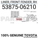 5387506210 Genuine Toyota Liner, Fr Fender, Rh 53875-06210. Fixed Price $76.41.